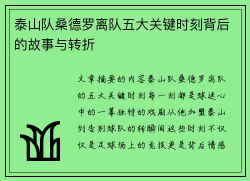 泰山队桑德罗离队五大关键时刻背后的故事与转折