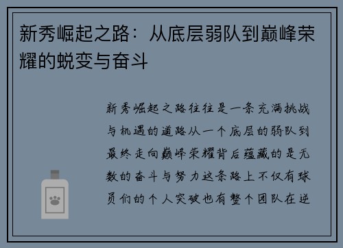 新秀崛起之路：从底层弱队到巅峰荣耀的蜕变与奋斗