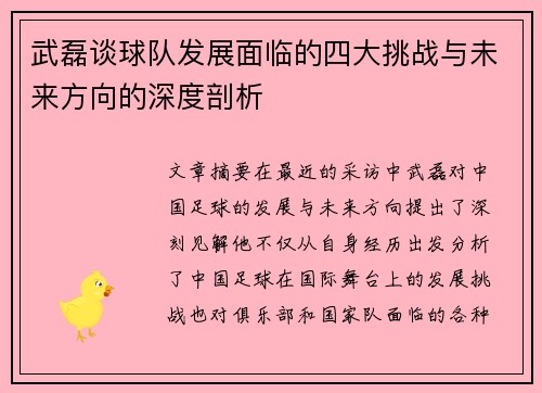 武磊谈球队发展面临的四大挑战与未来方向的深度剖析